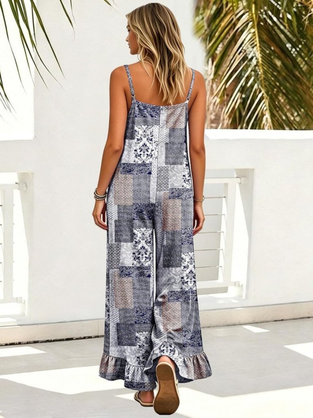 Bohemian Floral Print Loose Wide Leg Jumpsuit with Ruffle Hem - Casual Romper - Picture 5 of 5